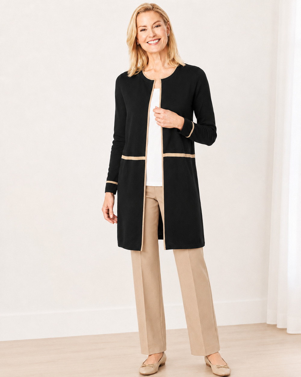 Talbots Black and Tan Cardigan Large Classic Long Line Open